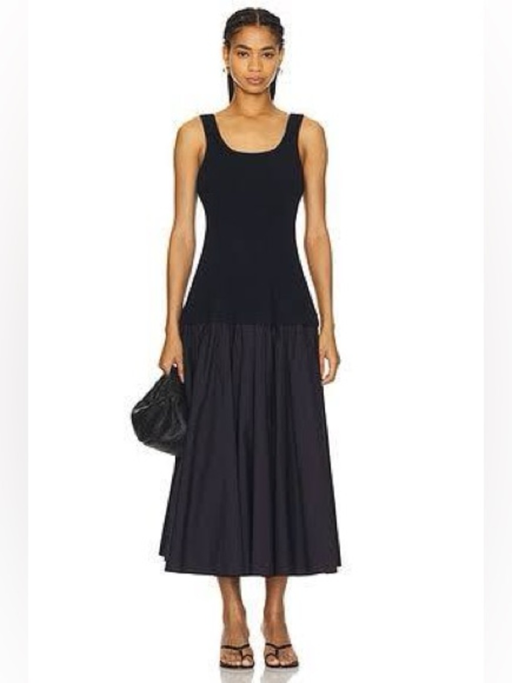 SIMKHAI Silas Knit Bodice Drop Waist Midi Dress Midnight Medium NEW
